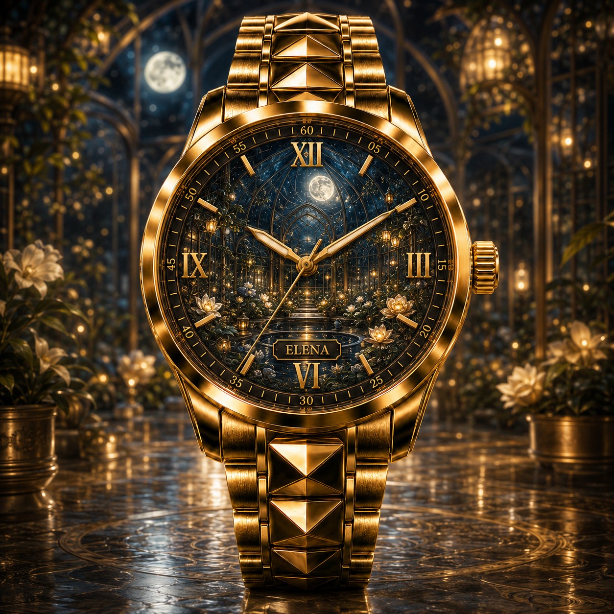 Custom Moonlit Glasshouse Garden Watch — personalized with a custom name