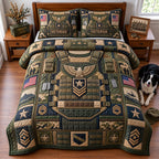 Eagle Chevron Military Pride quilted 3-piece bedding set on a made bed in a warmly lit bedroom