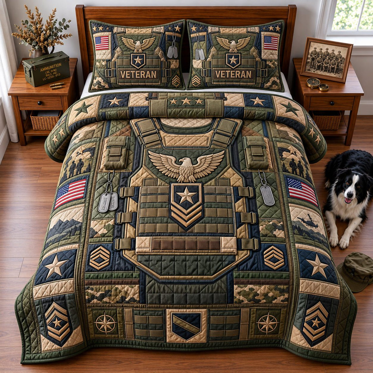 Eagle Chevron Military Pride quilted 3-piece bedding set on a made bed in a warmly lit bedroom