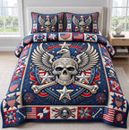 Eagle Crest Patriotic Skull quilted 3-piece bedding set on a made bed against a dark styled interior