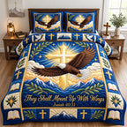 Eagle Mount Up With Wings quilted 3-piece bedding set on a made bed in a warmly lit bedroom