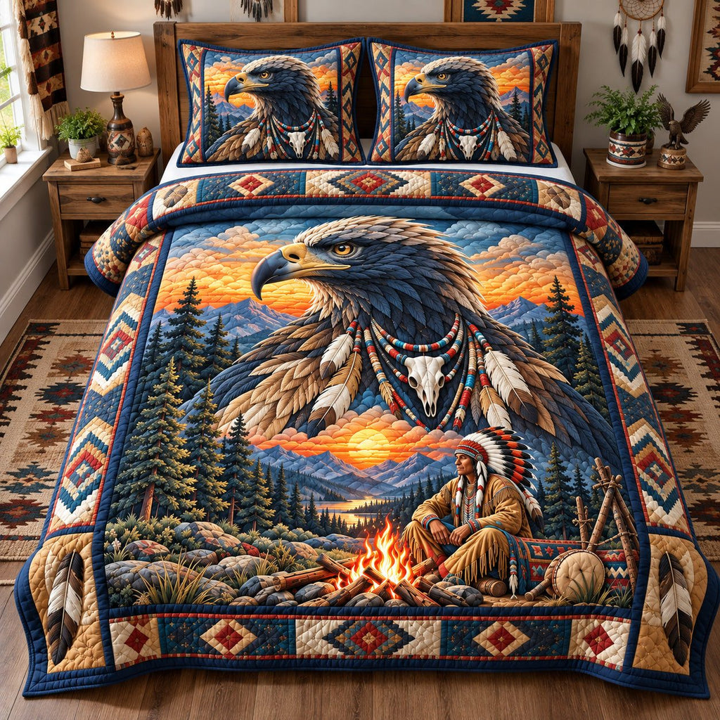 Eagle Spirit At Sunset quilted 3-piece bedding set on a made bed in a warmly lit bedroom