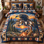 Eagle Spirit At Sunset quilted 3-piece bedding set on a made bed in a warmly lit bedroom