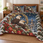 Eagle Star Tower printed Christmas quilt and two matching pillow shams; design mockup showing a flat printed depth effect.