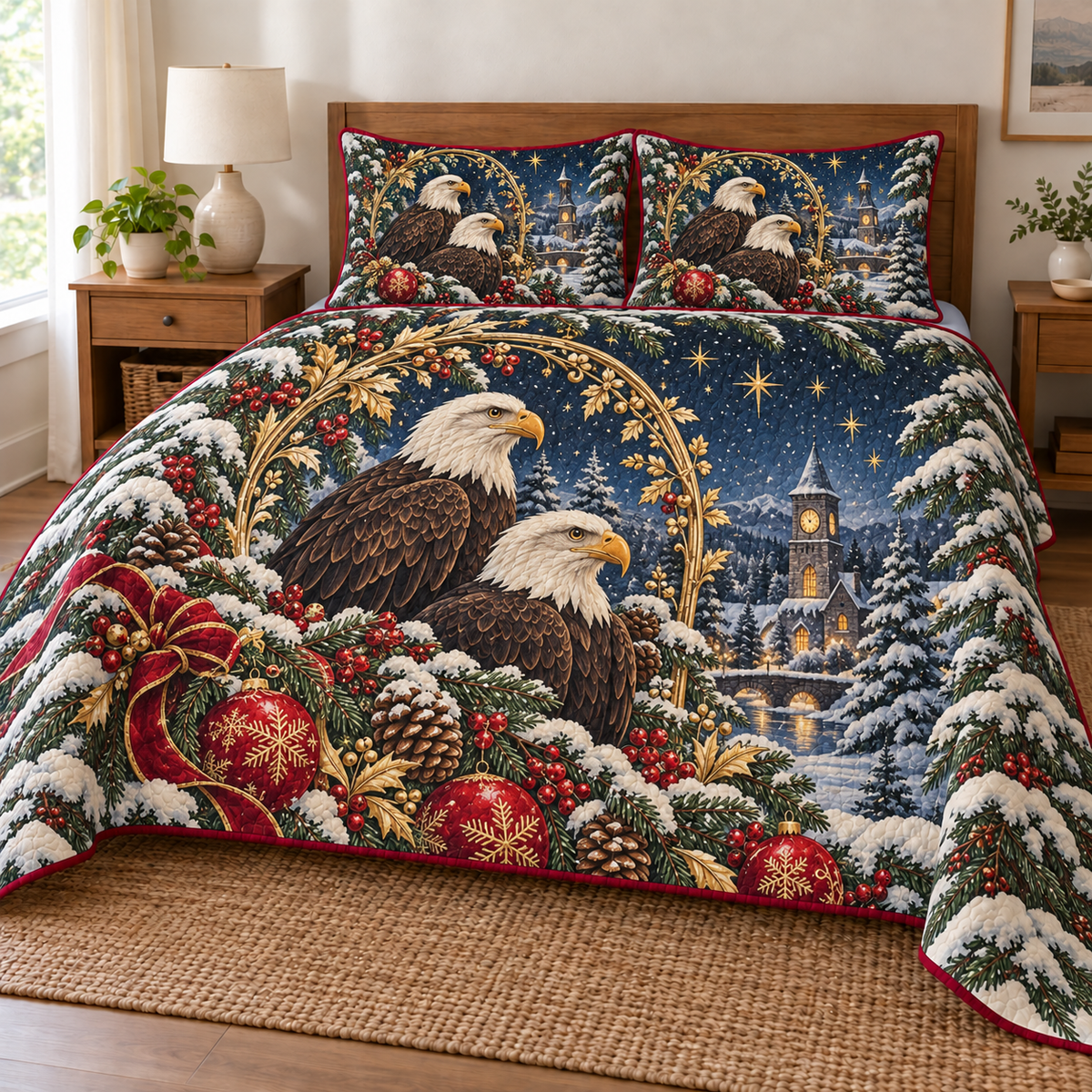 Eagle Star Tower printed Christmas quilt and two matching pillow shams; design mockup showing a flat printed depth effect.