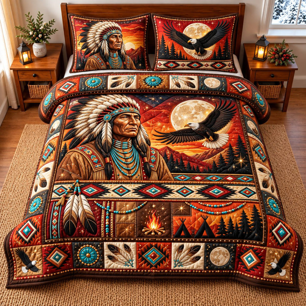 Eagle Warrior quilted 3-piece bedding set on a made bed in a warmly lit bedroom
