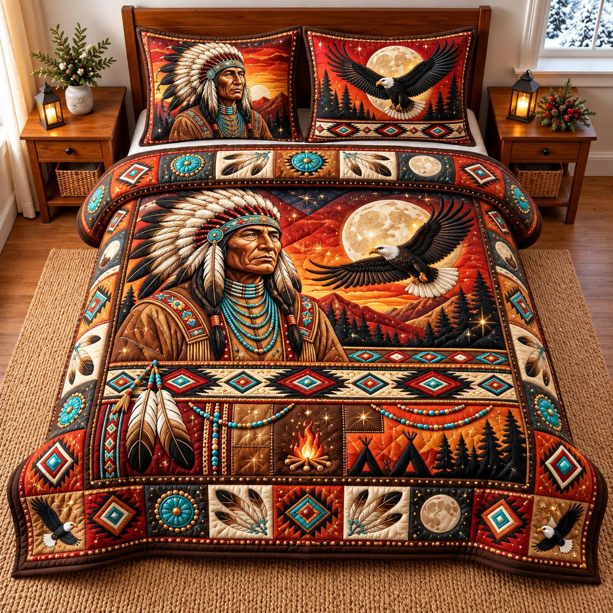 Eagle Warrior quilted 3-piece bedding set on a made bed in a warmly lit bedroom