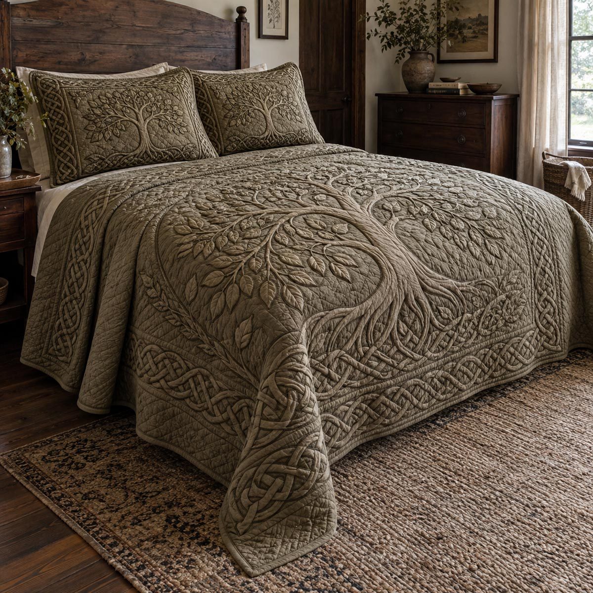 Earthbound Tree Of Life quilted 3-piece bedding set on a made bed with two matching pillow shams