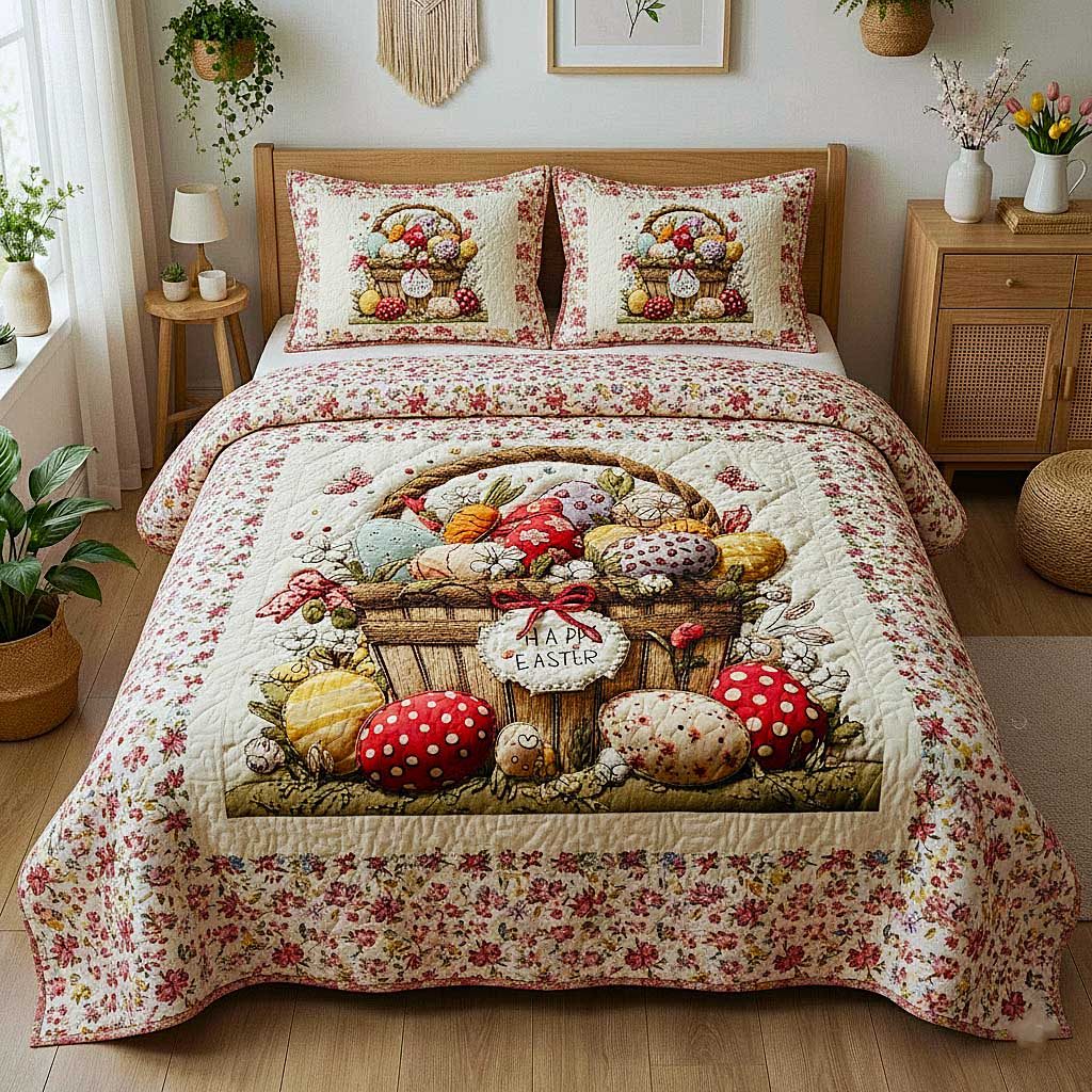 Egg Hunt 3-Piece Quilted Bedding Set GFTOMA9608 quilted 3-piece bedding set on a made bed with two matching pillow shams