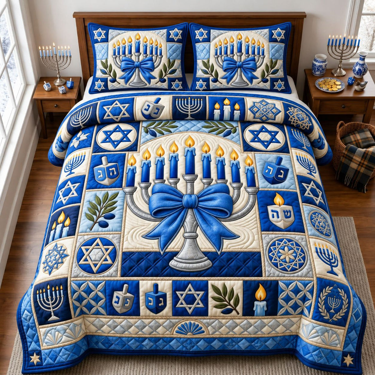 Eight Nights Of Light quilted 3-piece bedding set on a made bed with two matching pillow shams