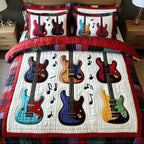 Electric Guitars Cream Notes quilted 3-piece bedding set on a made bed with two matching pillow shams