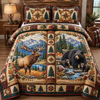 Elk And Bear Forest quilted 3-piece bedding set on a made bed with two matching pillow shams