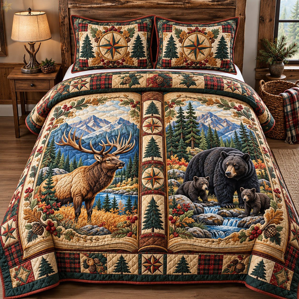 Elk And Bear Forest quilted 3-piece bedding set on a made bed with two matching pillow shams