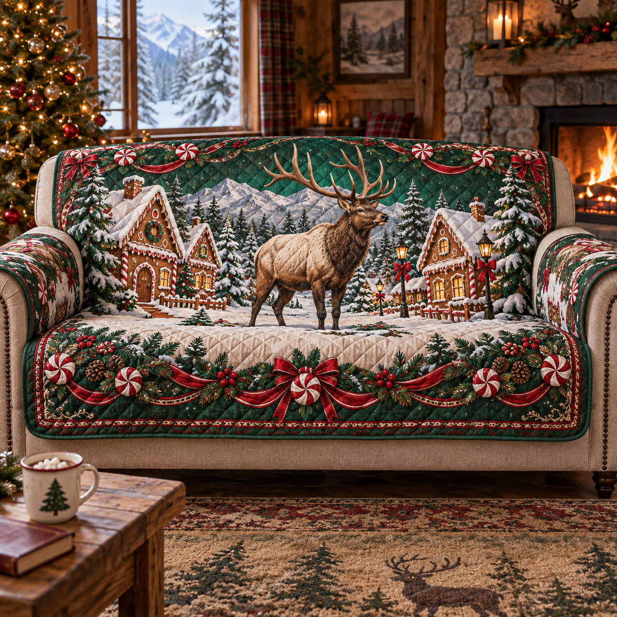 Elk Christmas Quilted Sofa Cover — digital product visualization