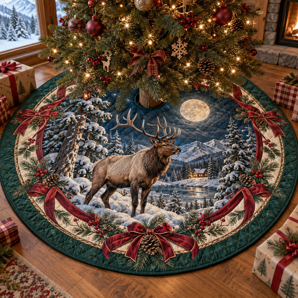 Elk Quilted Christmas Tree Skirt — digital product visualization