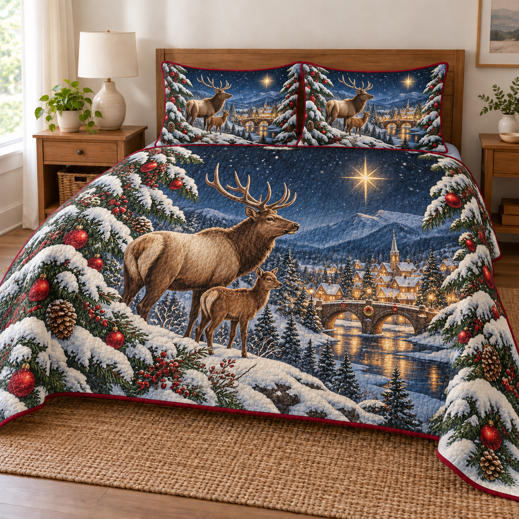 Elk Snow Bridge printed Christmas quilt and two matching pillow shams; design mockup showing a flat printed depth effect.