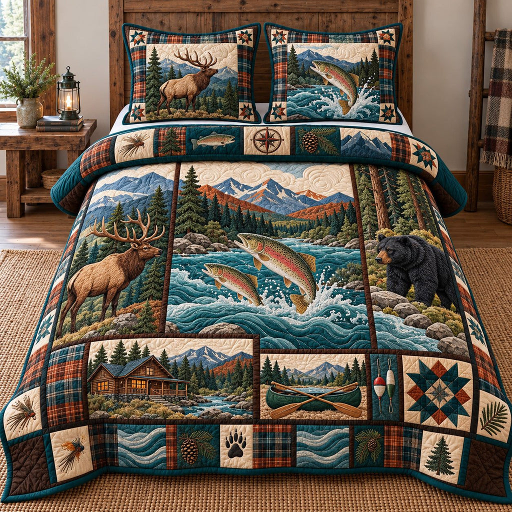 Elk Trout River Hunting quilted 3-piece bedding set on a made bed with two matching pillow shams