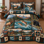 Elk Trout River Hunting quilted 3-piece bedding set on a made bed with two matching pillow shams
