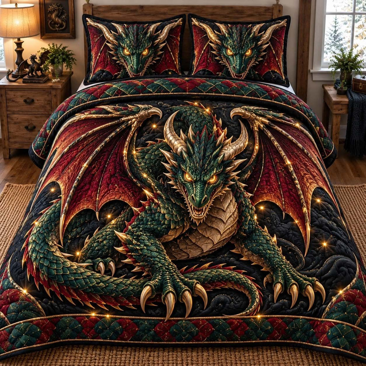 Emerald Dragon King quilted 3-piece bedding set on a made bed with two matching pillow shams