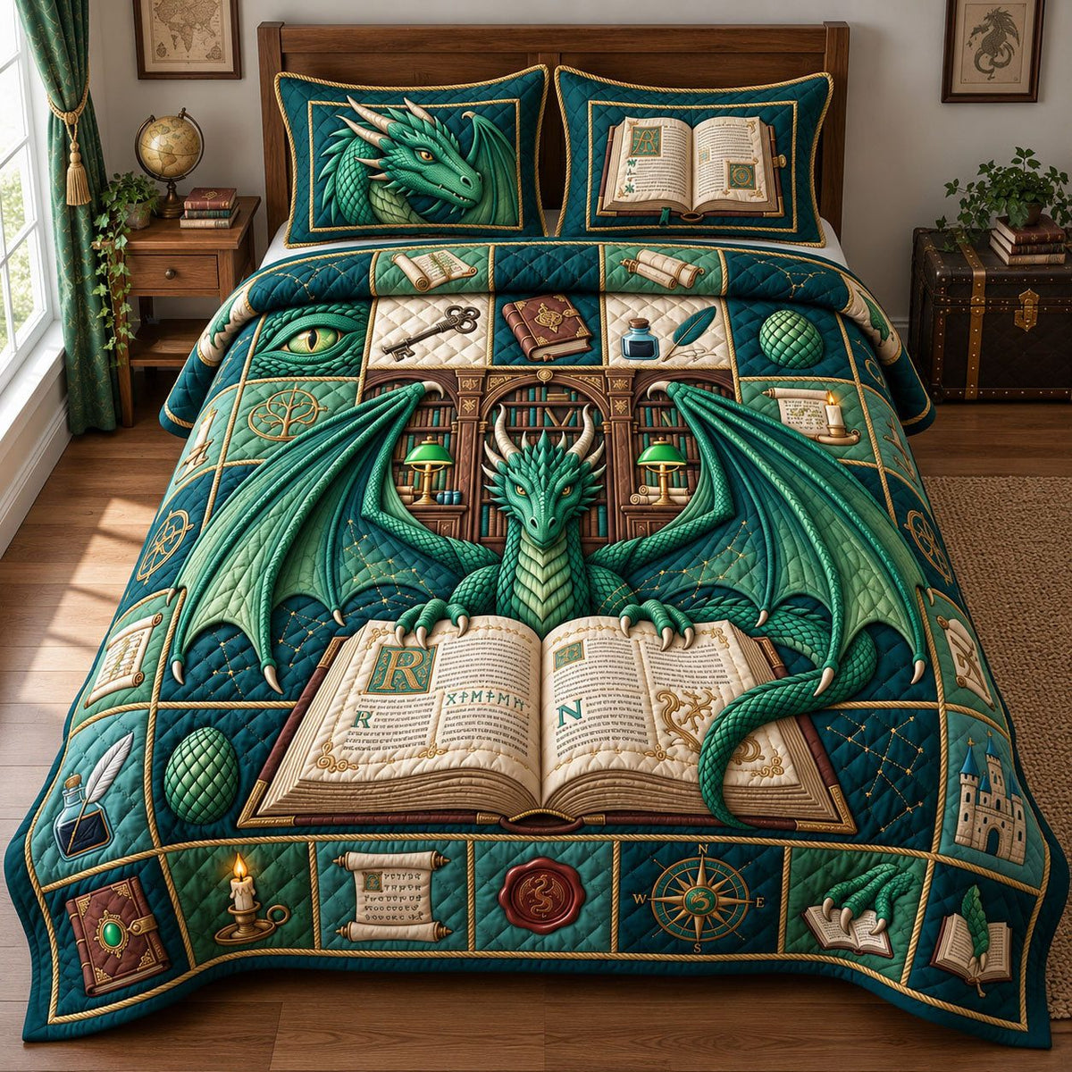 Emerald Dragon quilted 3-piece bedding set on a made bed with two matching pillow shams