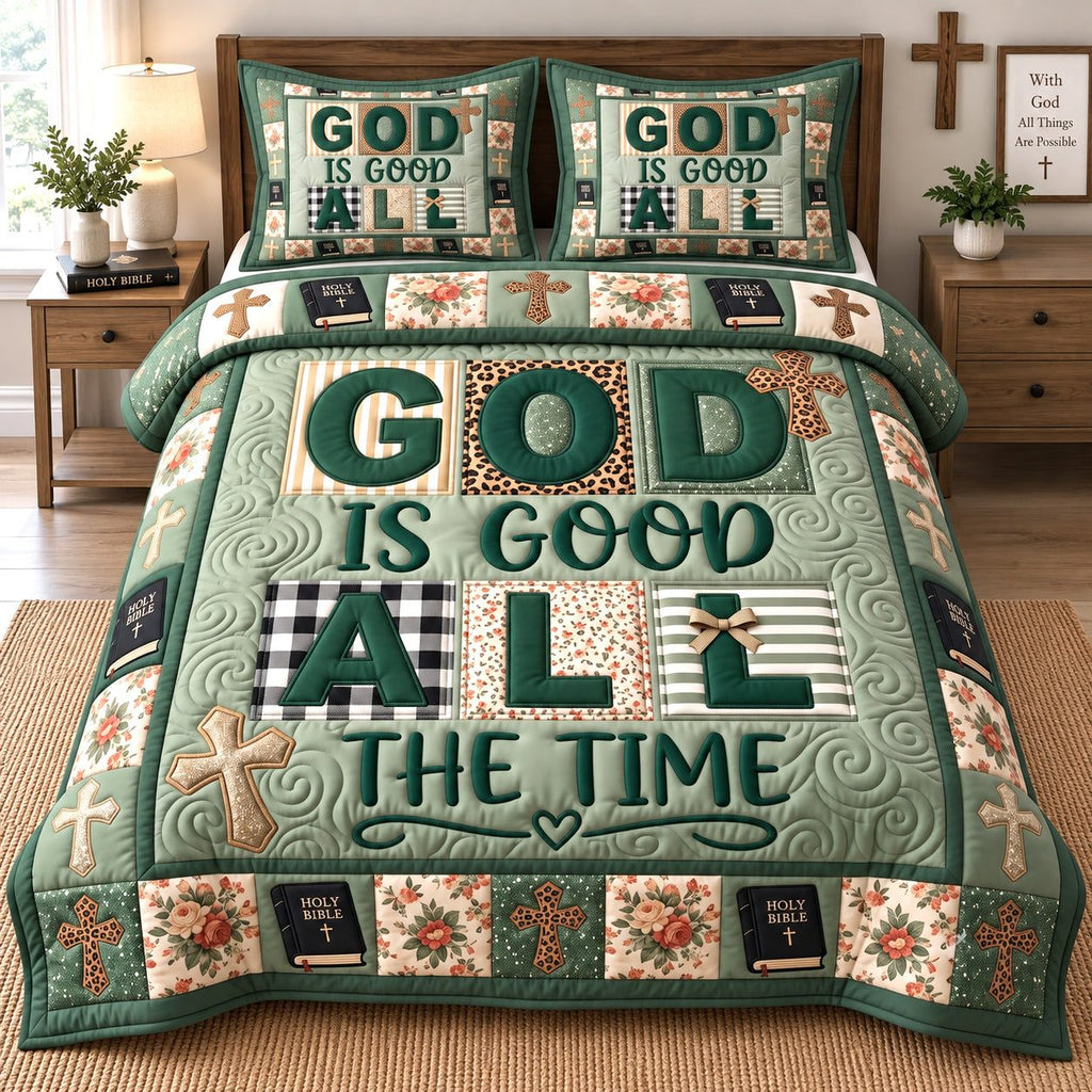 Emerald Grace quilted 3-piece bedding set on a made bed with two matching pillow shams