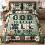 Emerald Grace quilted 3-piece bedding set on a made bed with two matching pillow shams