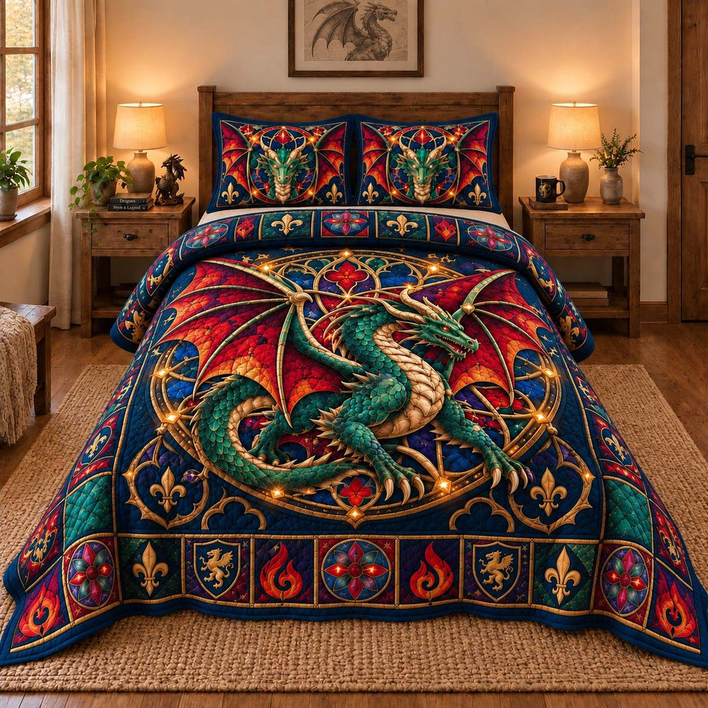 Emerald Royal Dragon quilted 3-piece bedding set on a made bed with two matching pillow shams