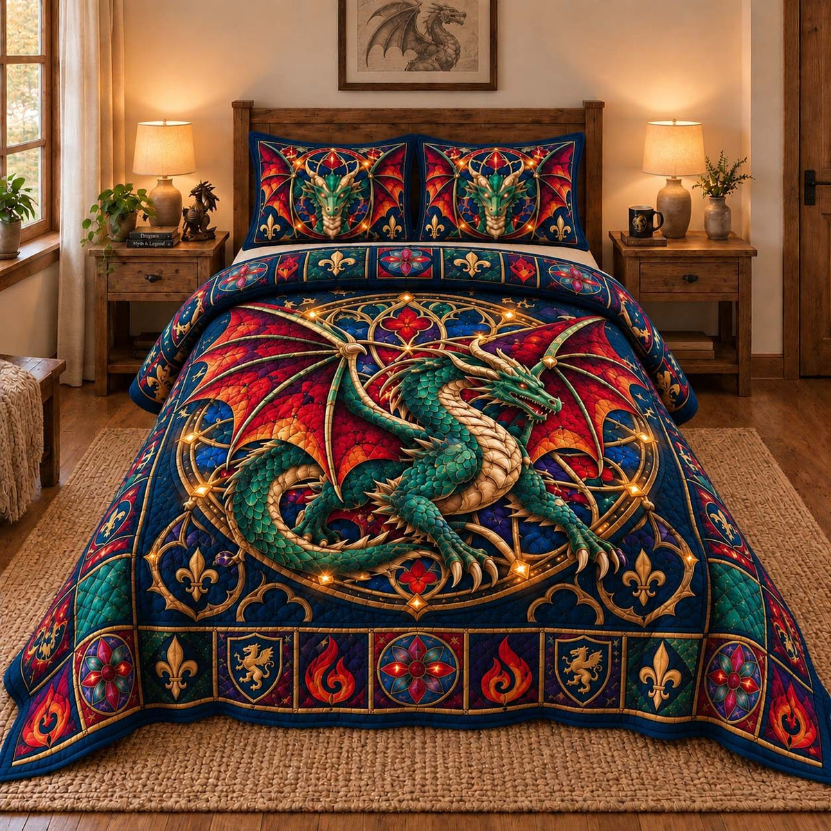 Emerald Royal Dragon quilted 3-piece bedding set on a made bed with two matching pillow shams