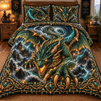 Emerald Storm Dragon quilted 3-piece bedding set on a made bed with two matching pillow shams