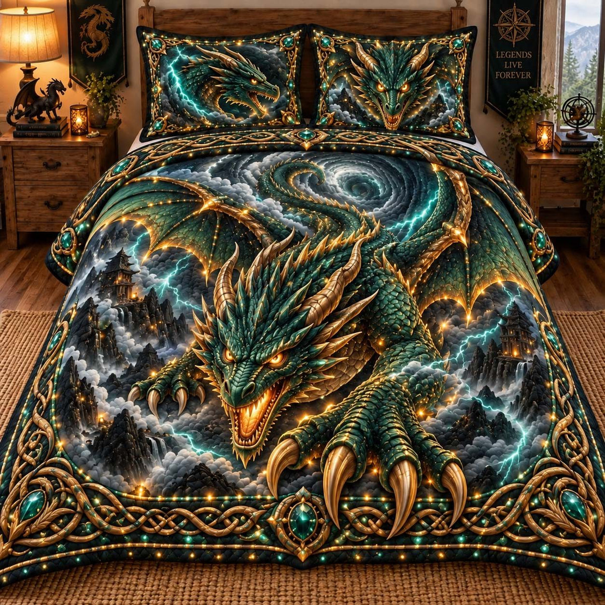 Emerald Storm Dragon quilted 3-piece bedding set on a made bed with two matching pillow shams