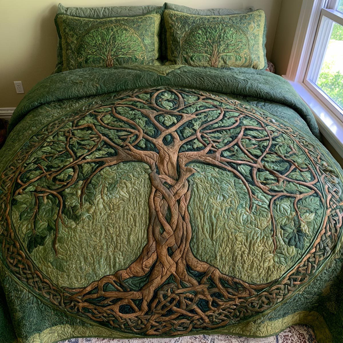 Emerald Tree Of Life quilted 3-piece bedding set on a made bed with two matching pillow shams