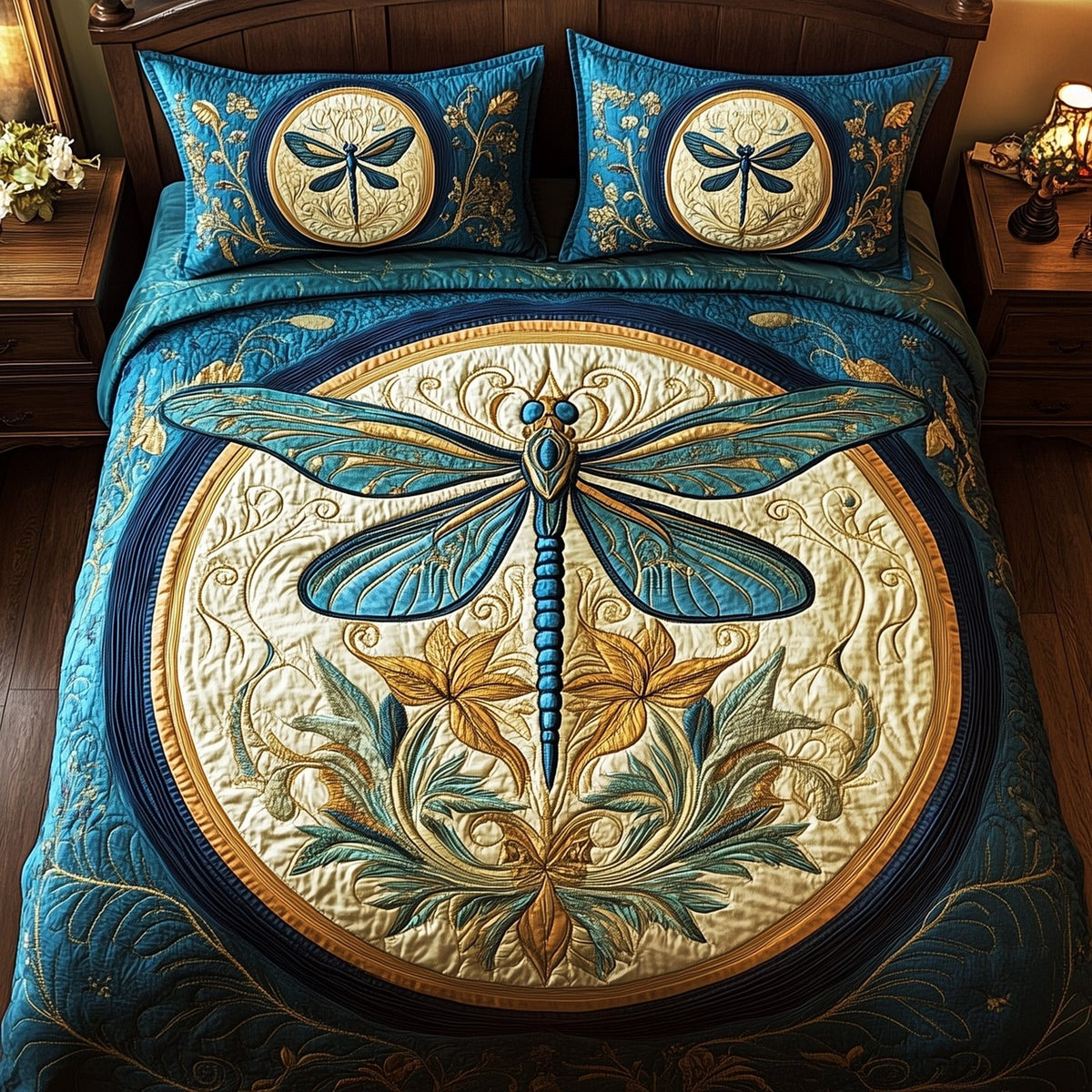 Enchanted Dragonfly Gold Blue quilted 3-piece bedding set on a made bed with two matching pillow shams