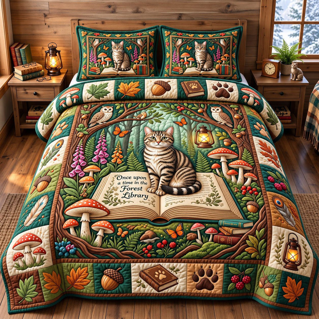 Enchanted Forest Library Cat quilted 3-piece bedding set on a made bed with two matching pillow shams
