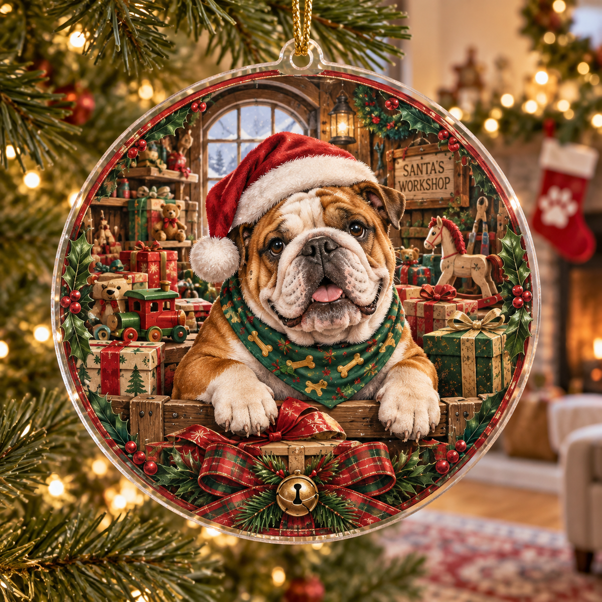 English Bulldog Acrylic Christmas Ornament — digital product visualization