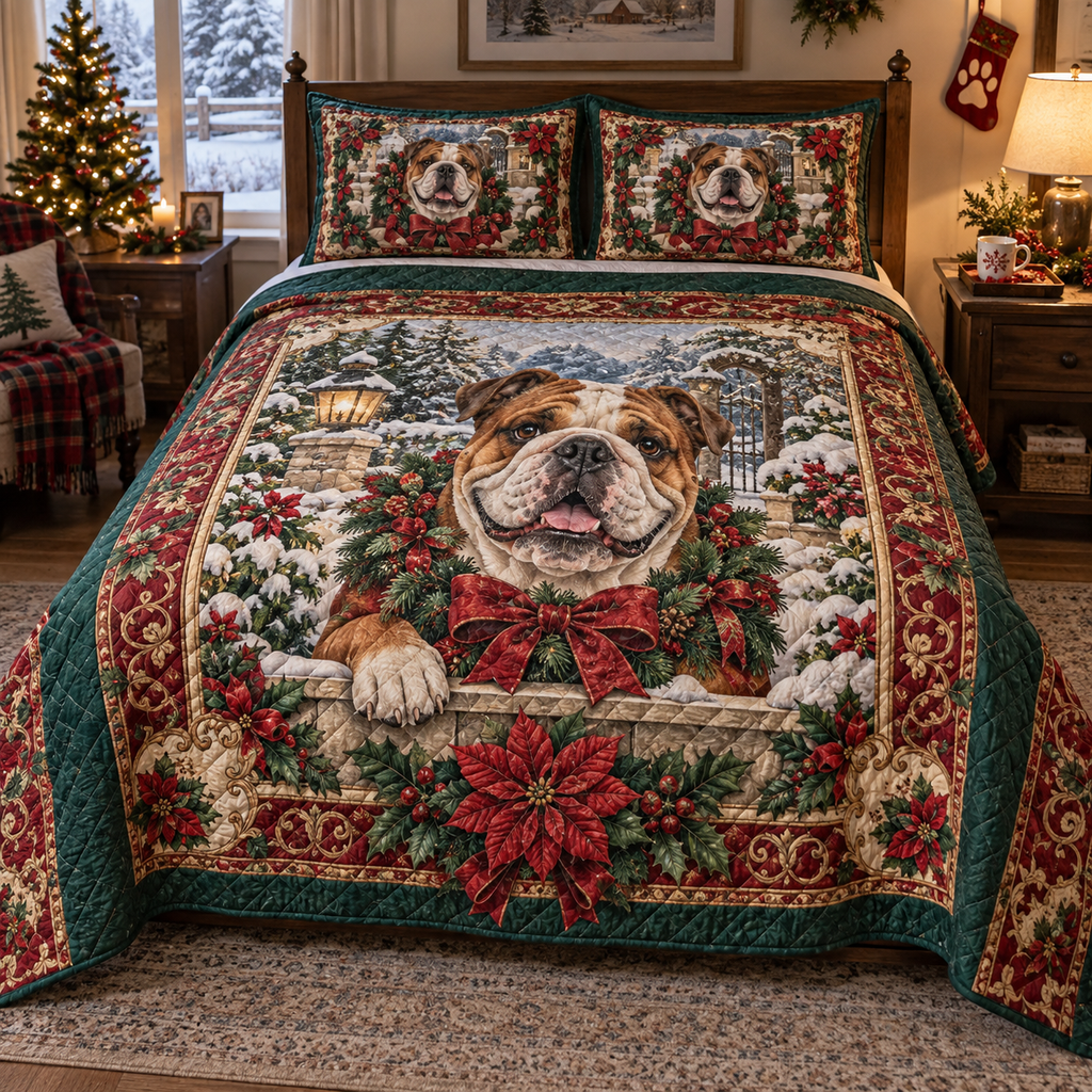 English Bulldog Christmas 3-Piece Quilted Bedding Set — digital product visualization