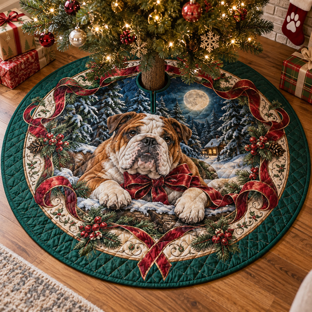 English Bulldog Quilted Christmas Tree Skirt — digital product visualization