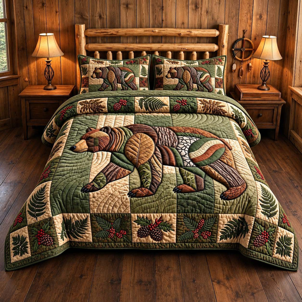 Evergreen Bear quilted 3-piece bedding set on a made bed in a winter-styled bedroom