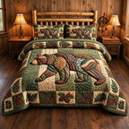 Evergreen Bear quilted 3-piece bedding set on a made bed in a winter-styled bedroom