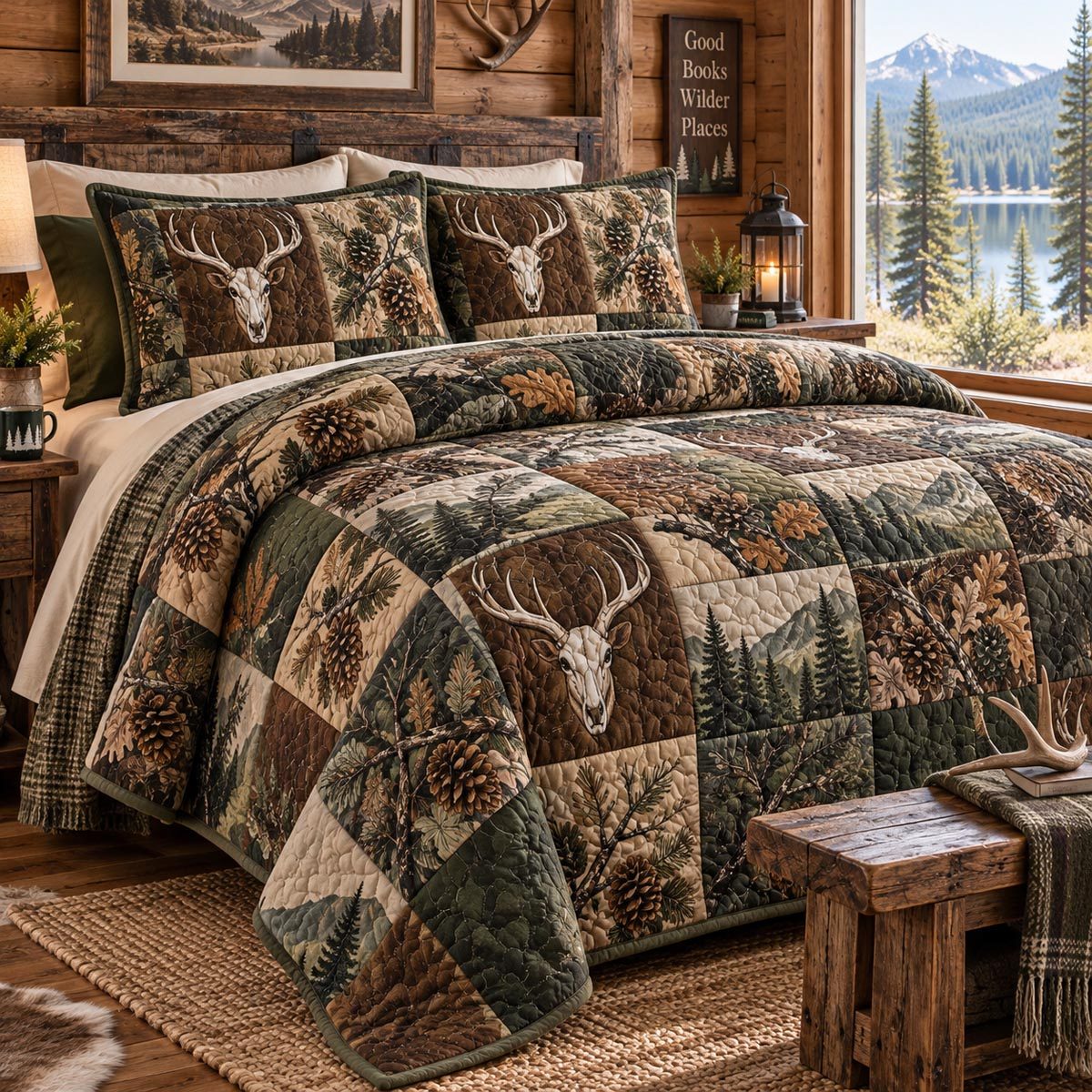 Evergreen Deer Cabin quilted 3-piece bedding set on a made bed in a winter-styled bedroom