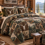 Evergreen Deer Cabin quilted 3-piece bedding set on a made bed in a winter-styled bedroom