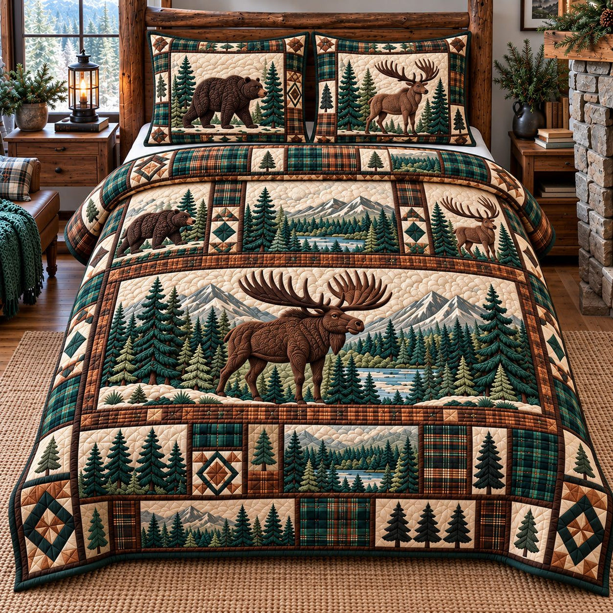 Evergreen Lake Moose Patchwork quilted 3-piece bedding set on a made bed in a winter-styled bedroom