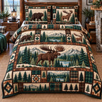 Evergreen Lake Moose Patchwork quilted 3-piece bedding set on a made bed in a winter-styled bedroom