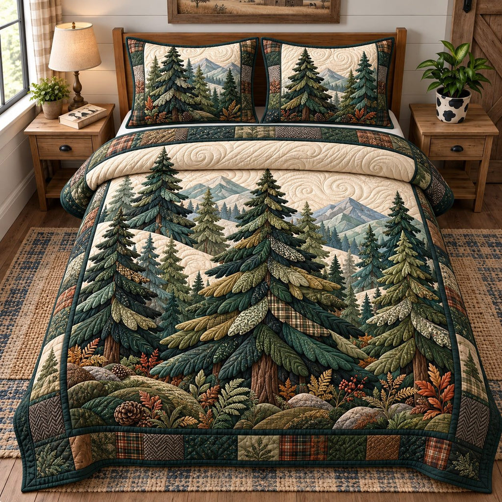 Evergreen Mountain quilted 3-piece bedding set on a made bed in a winter-styled bedroom