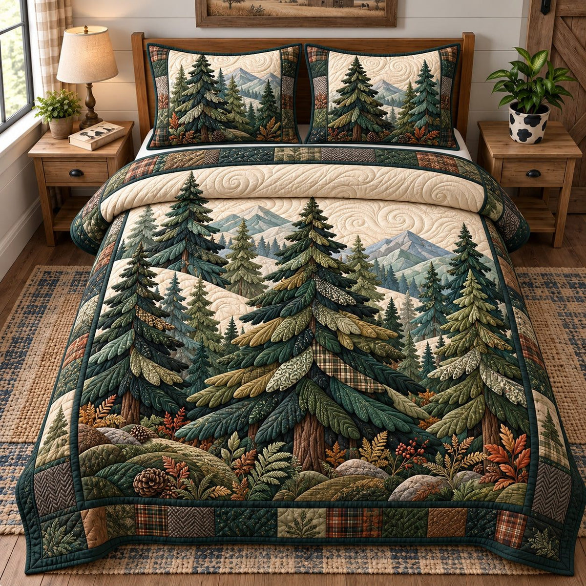 Evergreen Mountain quilted 3-piece bedding set on a made bed in a winter-styled bedroom