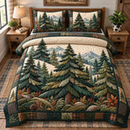 Evergreen Mountain quilted 3-piece bedding set on a made bed in a winter-styled bedroom