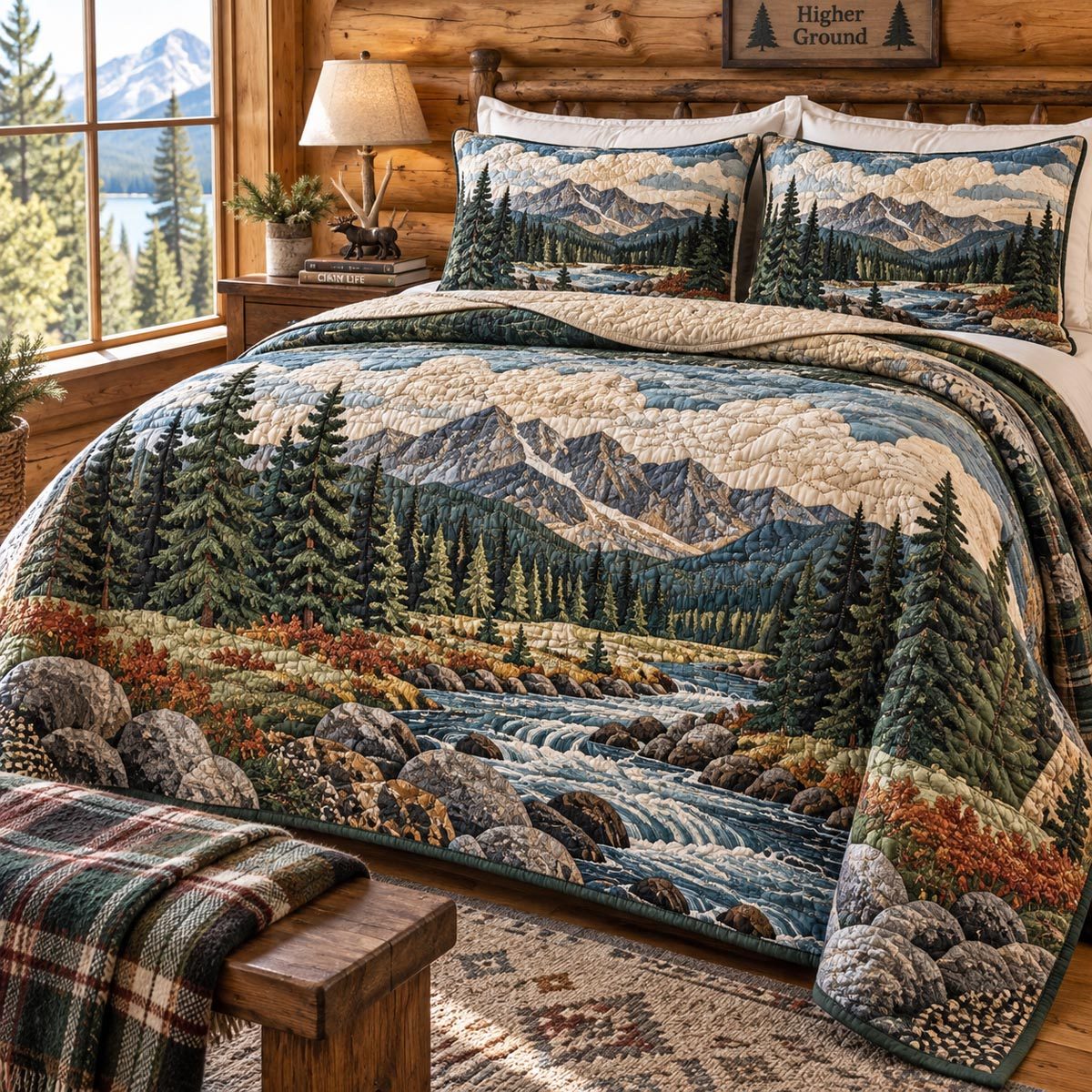 Evergreen River Valley quilted 3-piece bedding set on a made bed in a winter-styled bedroom