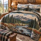 Evergreen River Valley quilted 3-piece bedding set on a made bed in a winter-styled bedroom