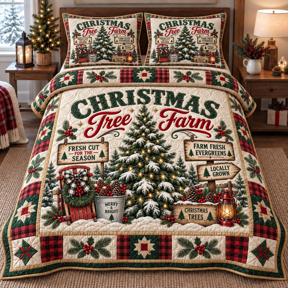 Evergreen Signs Christmas Tree Farm quilted 3-piece bedding set on a made bed in a winter-styled bedroom