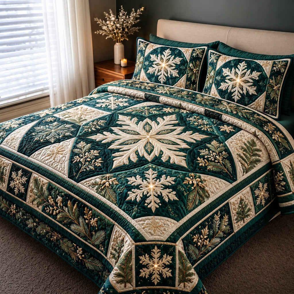 Evergreen Snowflake quilted 3-piece bedding set on a made bed in a winter-styled bedroom