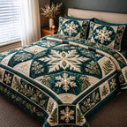 Evergreen Snowflake quilted 3-piece bedding set on a made bed in a winter-styled bedroom